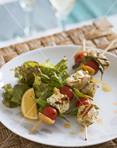 Grilled swordfish and tomato skewers