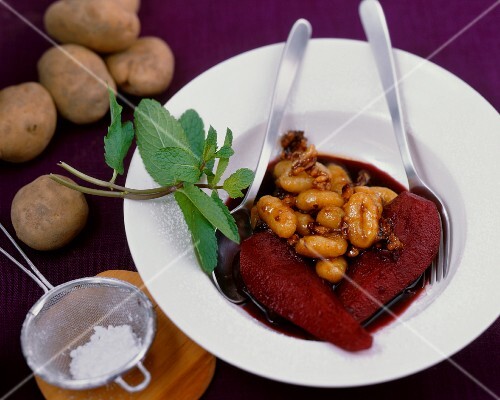 Sweet potato gnocchi with a pear and elderberry compote