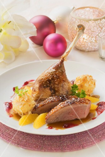 Duck with almond dumplings & orange segments for Christmas