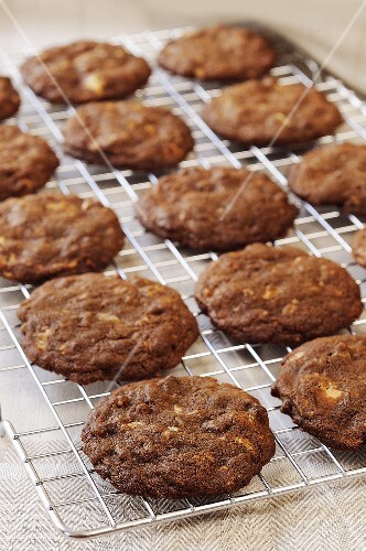 Biscuits with dark and white chocolate on cake rack