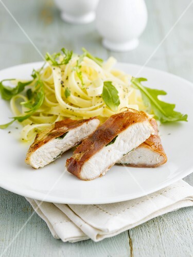 Turkey breast wrapped in Parma ham with tagliatelle