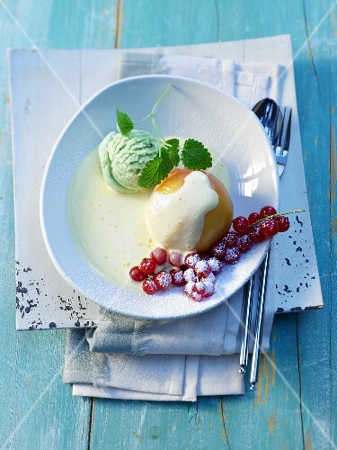 Peach sabayon with mint ice cream