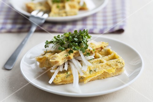Egg waffles with radish and cress