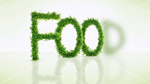 Cress in the shape of letters spelling the word 'FOOD'