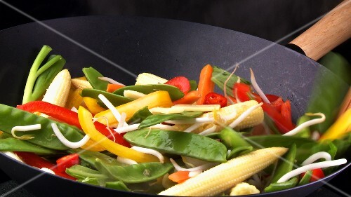 Stir-frying vegetables in wok