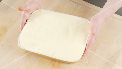 Tiramisu (without cocoa powder) in a rectangular dish