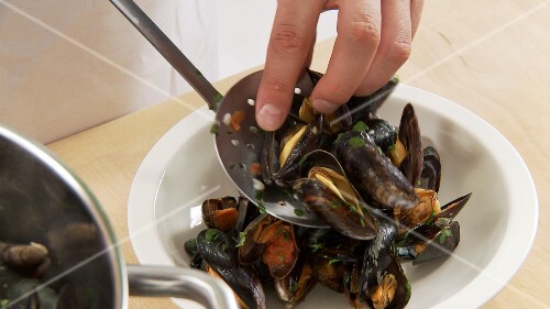 Cooked mussels being arranged on a deep plate