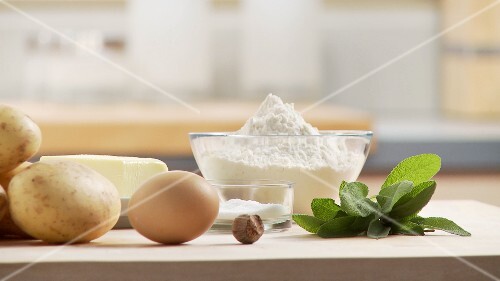 Ingredients for gnocci with sage butter: potatoes, egg, butter, flour, sage