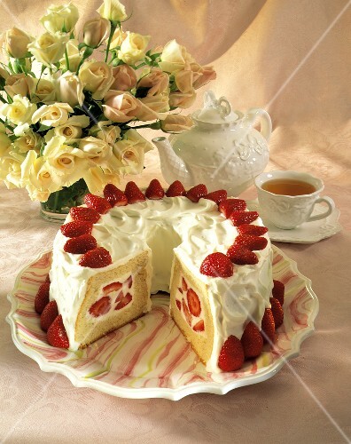 Strawberry Cake with White Frosting; Tea and Roses
