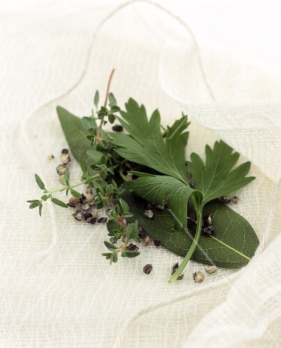 Bouquet garni on muslin with kitchen string