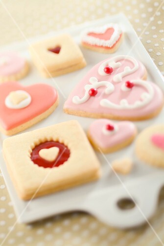 Valentine Themed Cookies on Cutting Board
