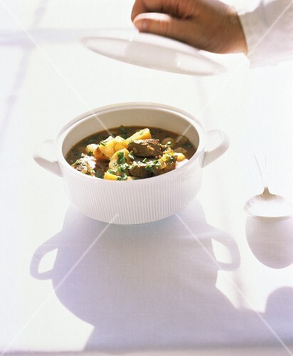 Meat stew in soup tureen, hand holding lid above it (2)