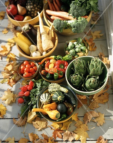 Autumn vegetable still life with pumpkins; fruit bowl