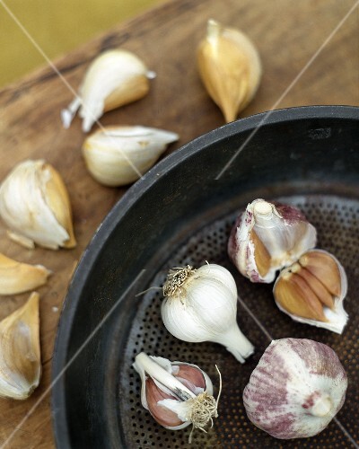 Various varieties of garlic in and beside pan