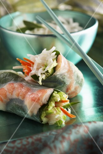 Fresh Spring Rolls with Shrimp and Basil; Chopsticks