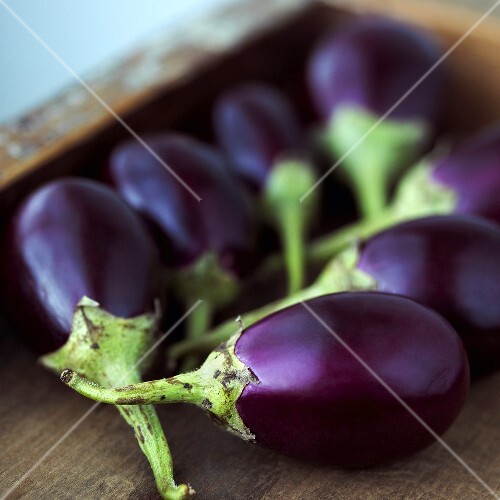 Baby Eggplants in Wooden Box