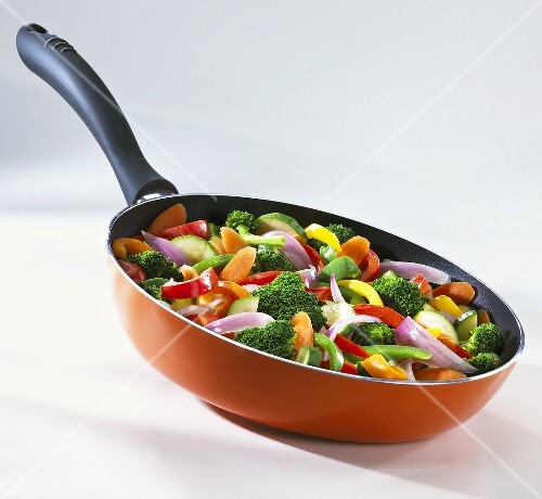 Mixed Vegetables in a Red Skillet