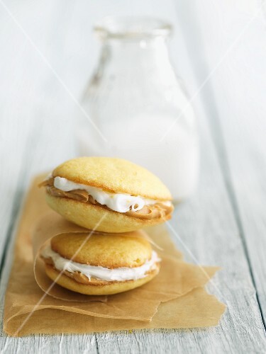 Peanut Butter and Marshmallow Cream Whoopie Pies with Milk