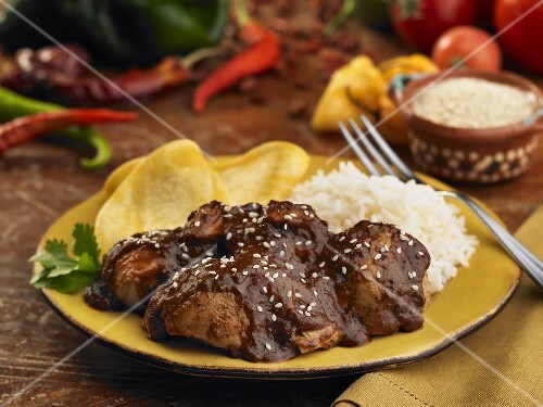 Chicken with mole, rice and corn tortillas (Mexico)