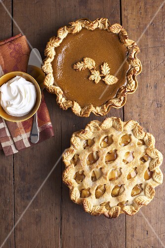 Pumpkin and Apple Pie; From Above; Whipped Cream