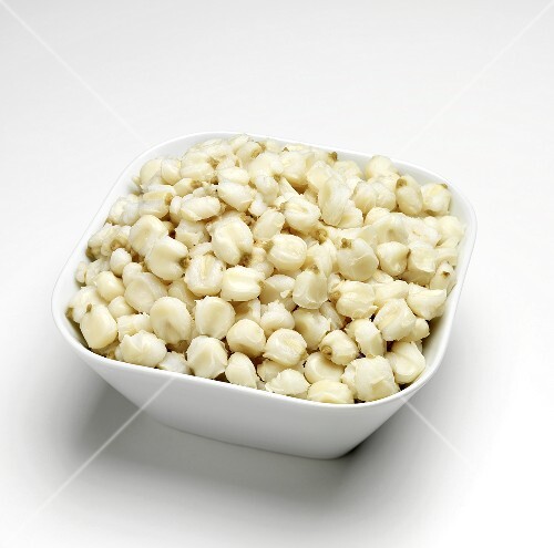 Bowl of White Hominy; White Background