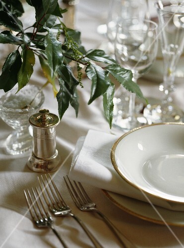 Close-up of silver pepperpot and white plates and napkins onwhite tablecloth
