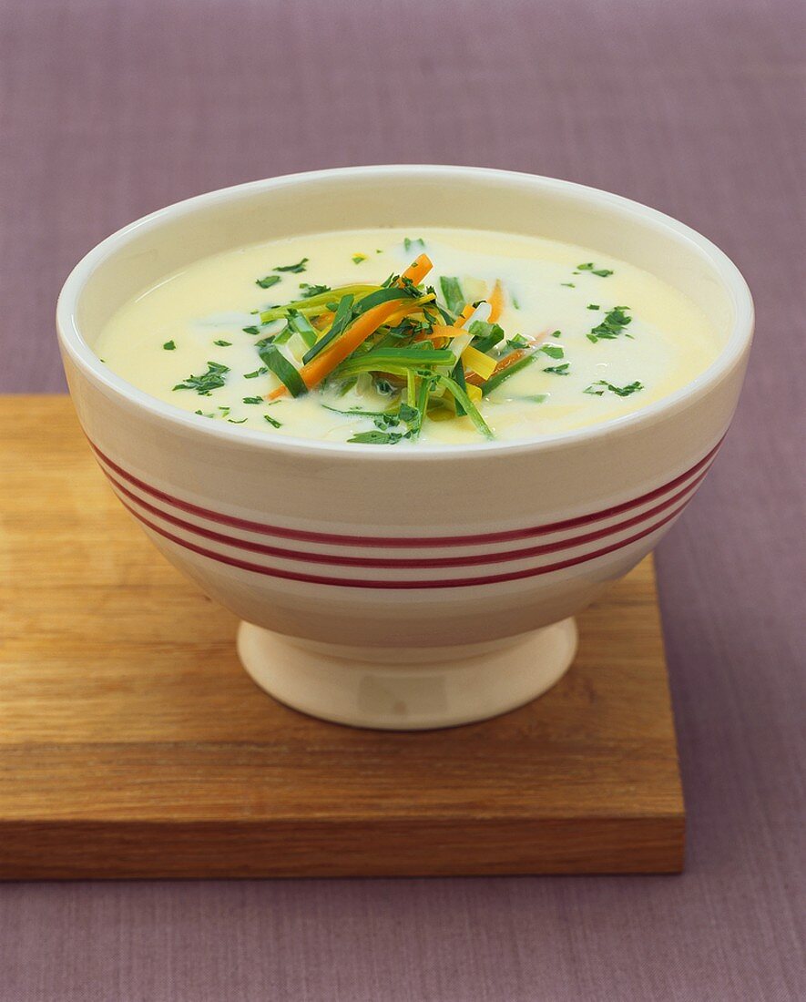 Light cream soup with julienne vegetables and fresh herbs