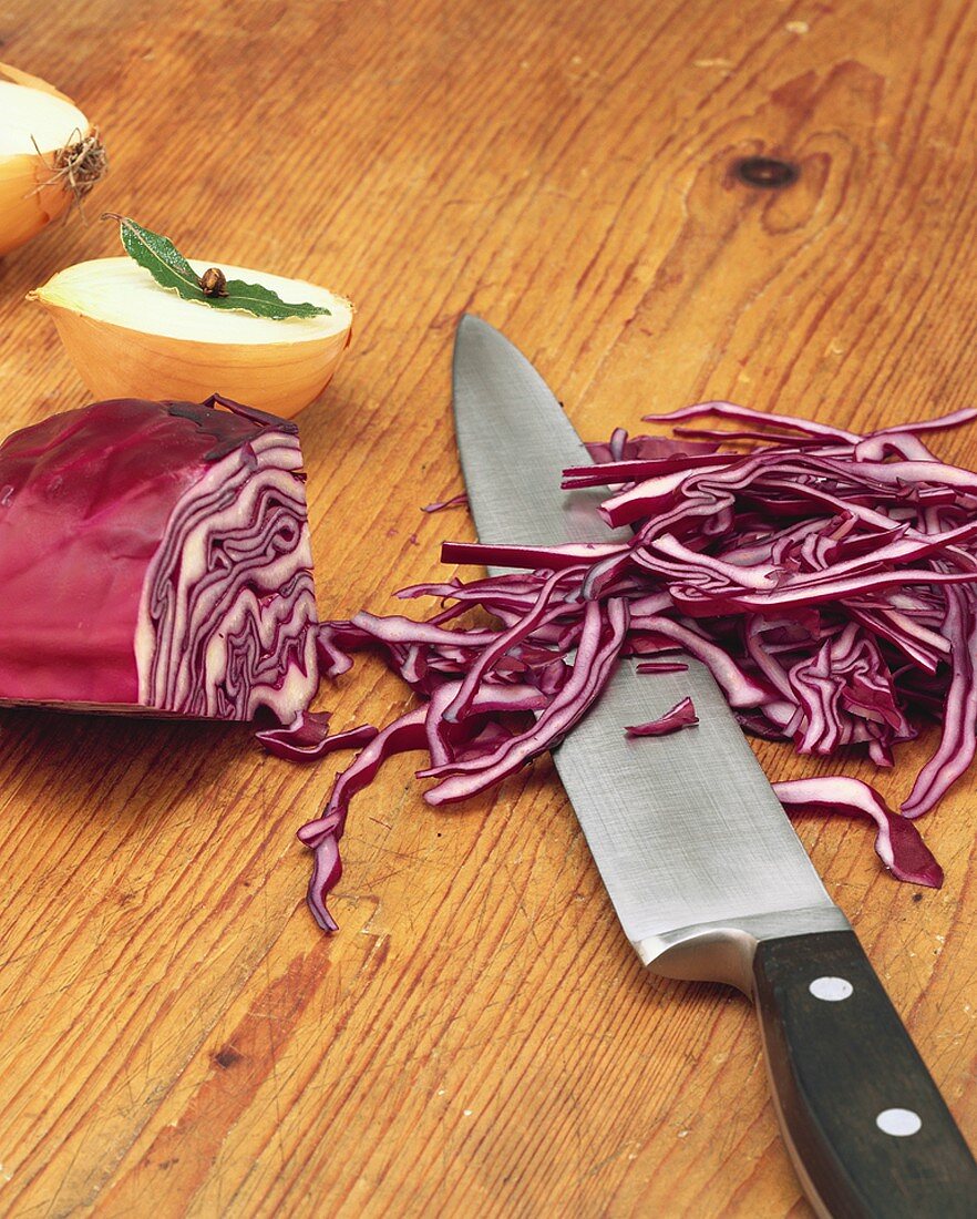 Shredded section of red cabbage