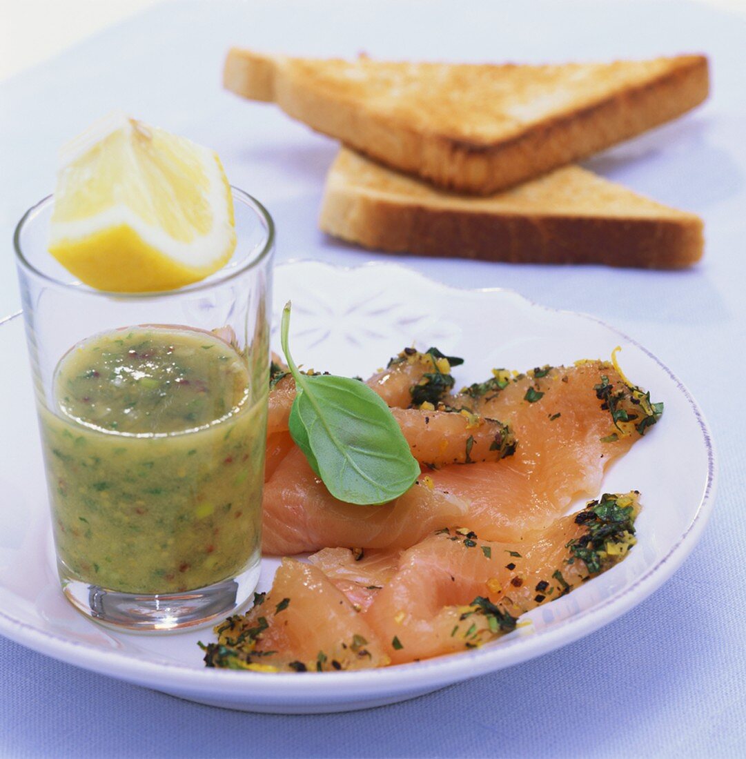 Charr, gravlax style, with basil and mustard sauce