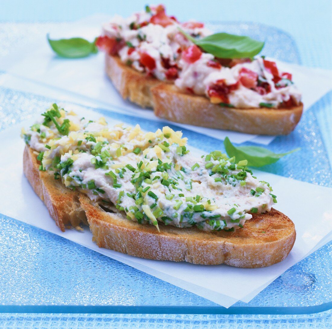 Two kinds of fish mousse on toasted white bread
