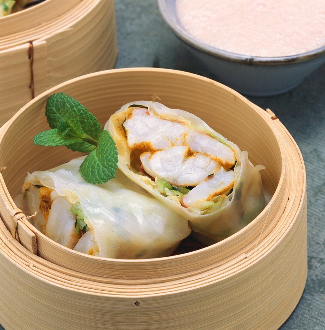 Prawns in rice paper, cooked in steaming basket