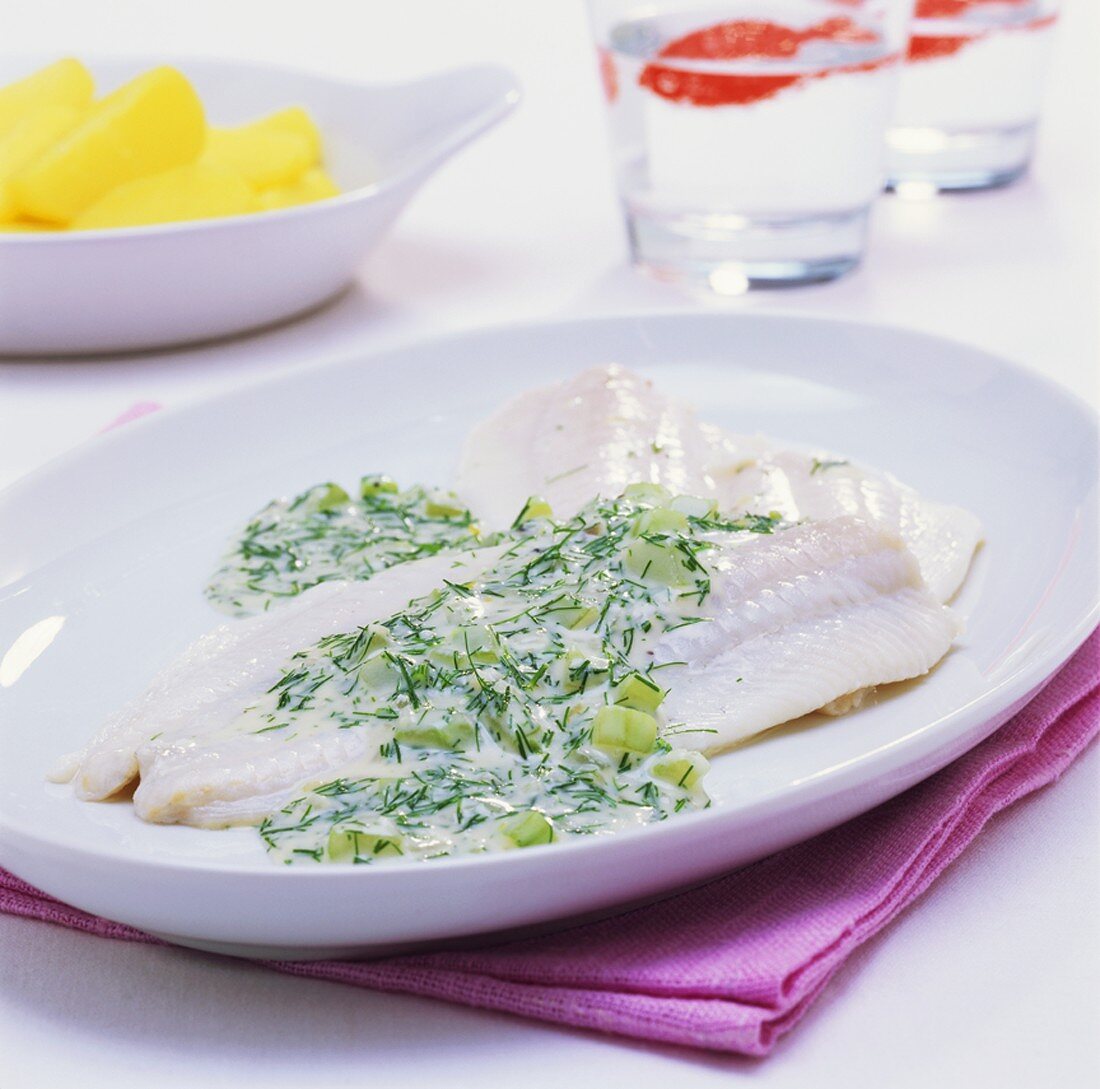 Plaice fillets with cucumber and dill sauce