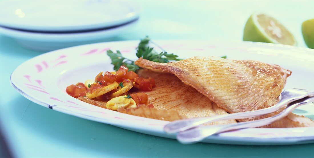 Skate wing with saffron tomatoes and mushrooms