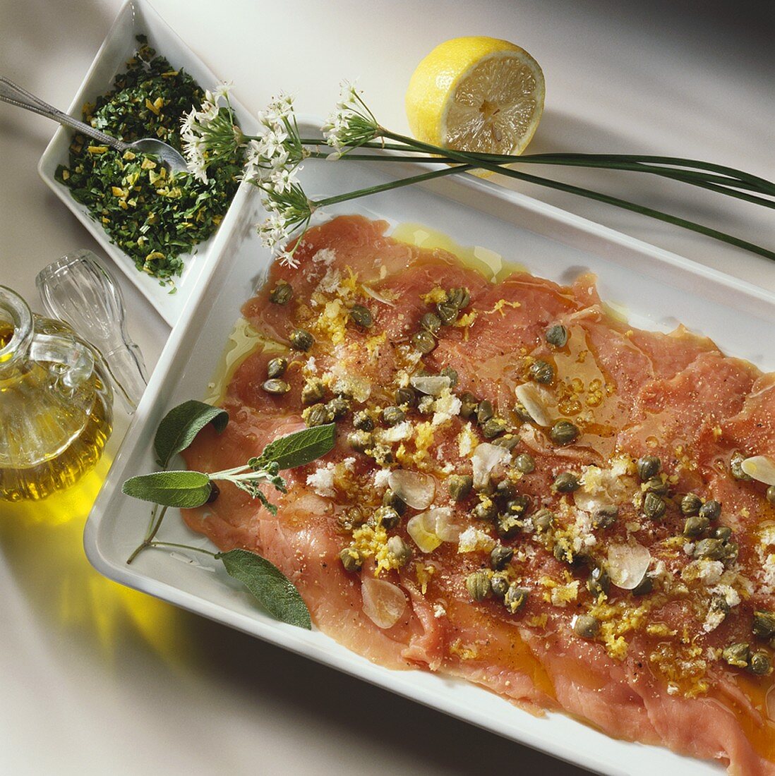 Veal carpaccio (Raw, marinated slices of veal)