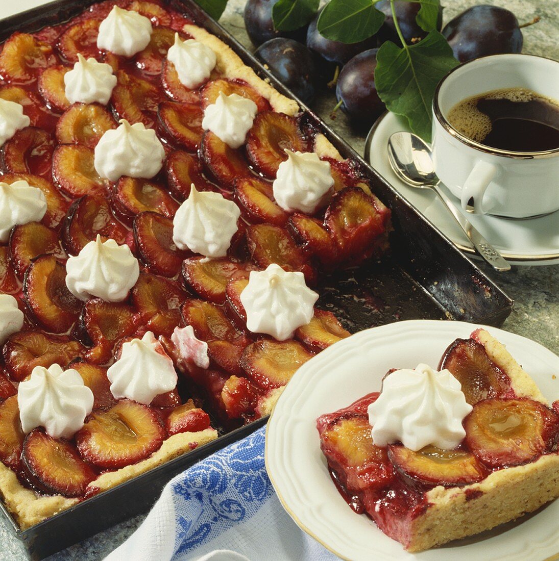 Zwetschgenkuchen vom Blech, verziert mit Sahnetupfen