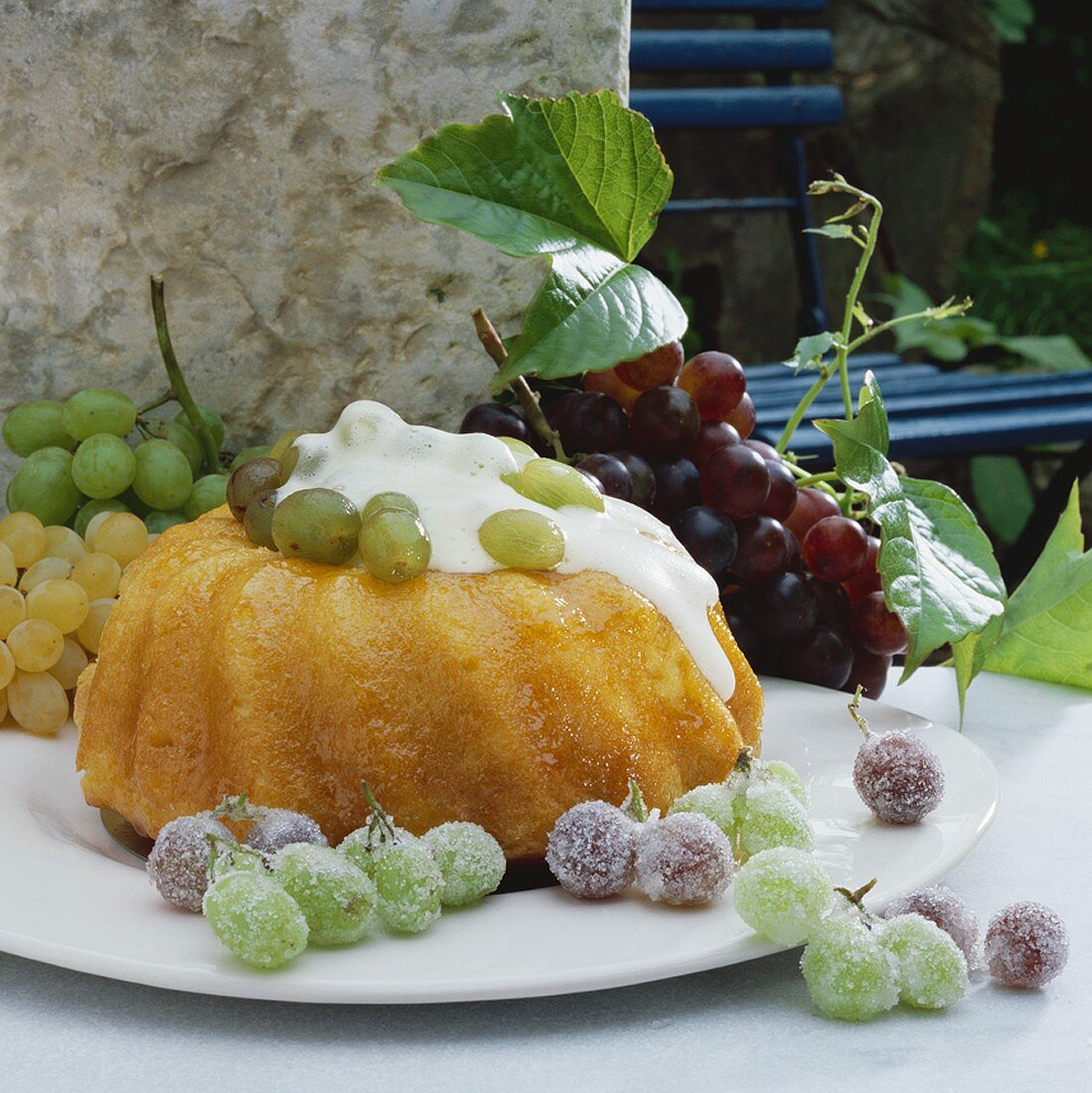 Bundt cake soaked in sherry with grapes