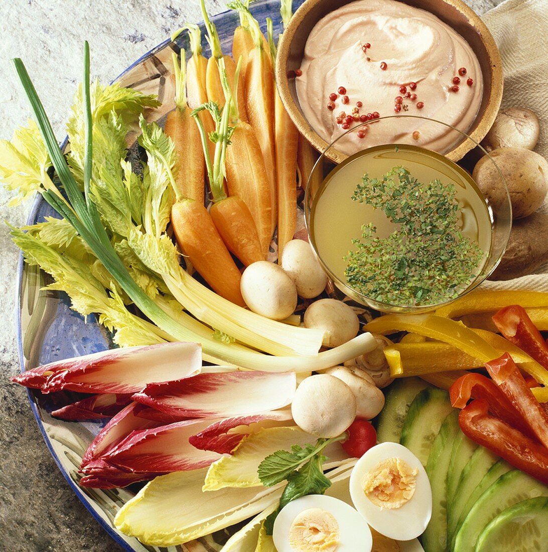 Fresh vegetables with two dips