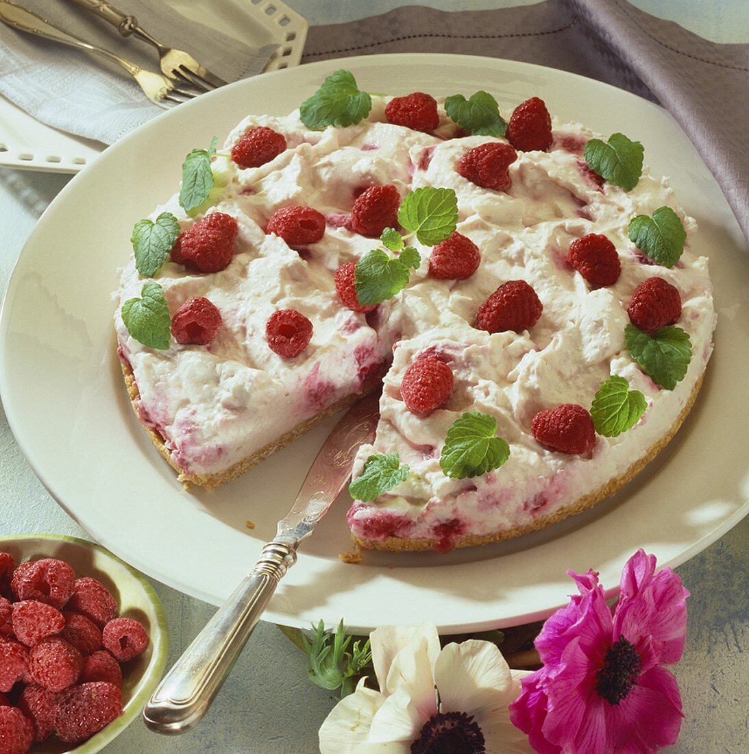 Raspberry cream torte, a piece cut