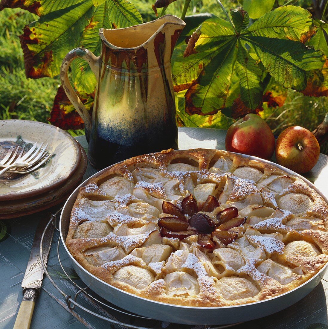 Apple cake with plums in round baking tin