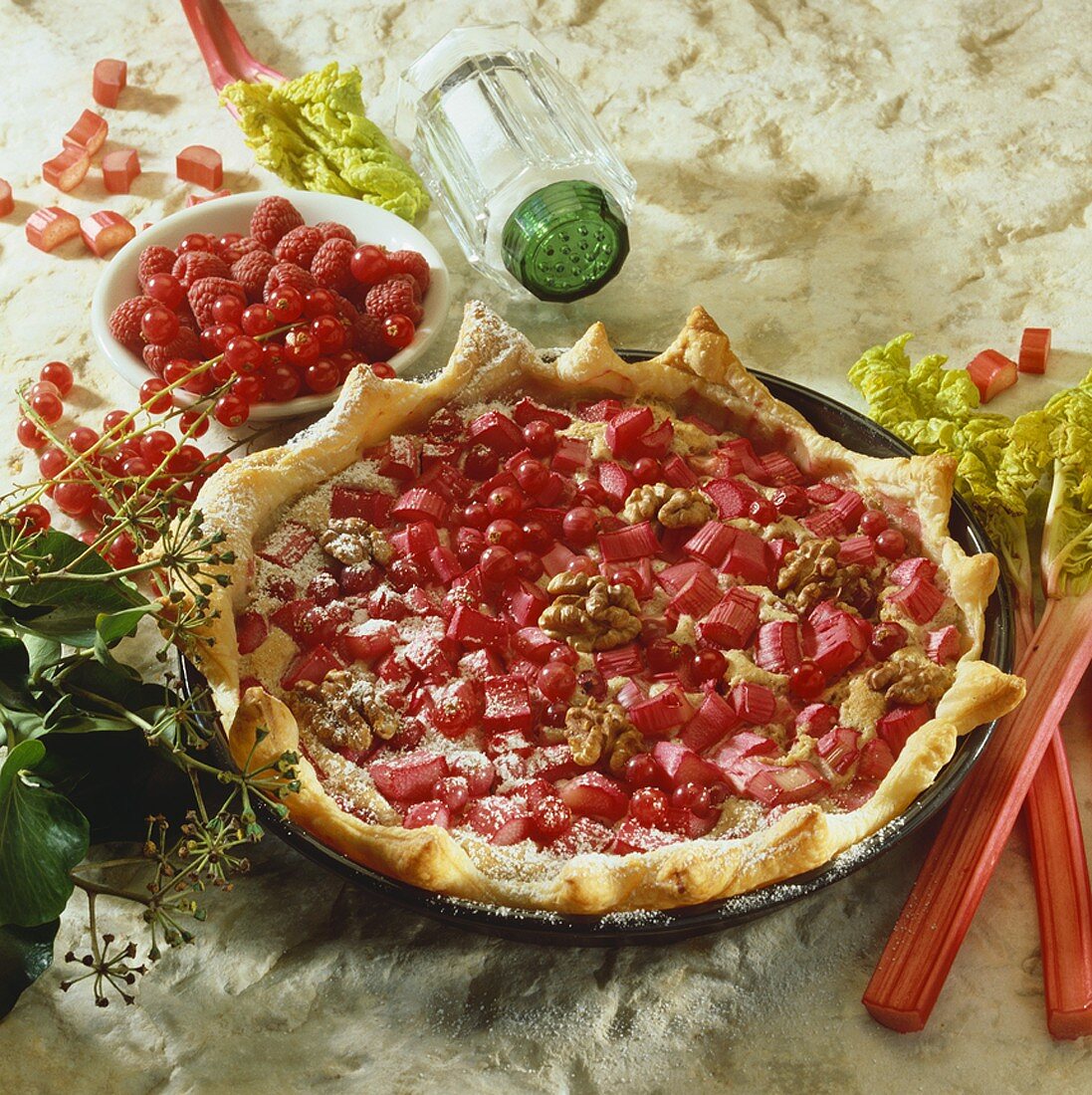 Rhubarb, berry and walnut puff pastry tart