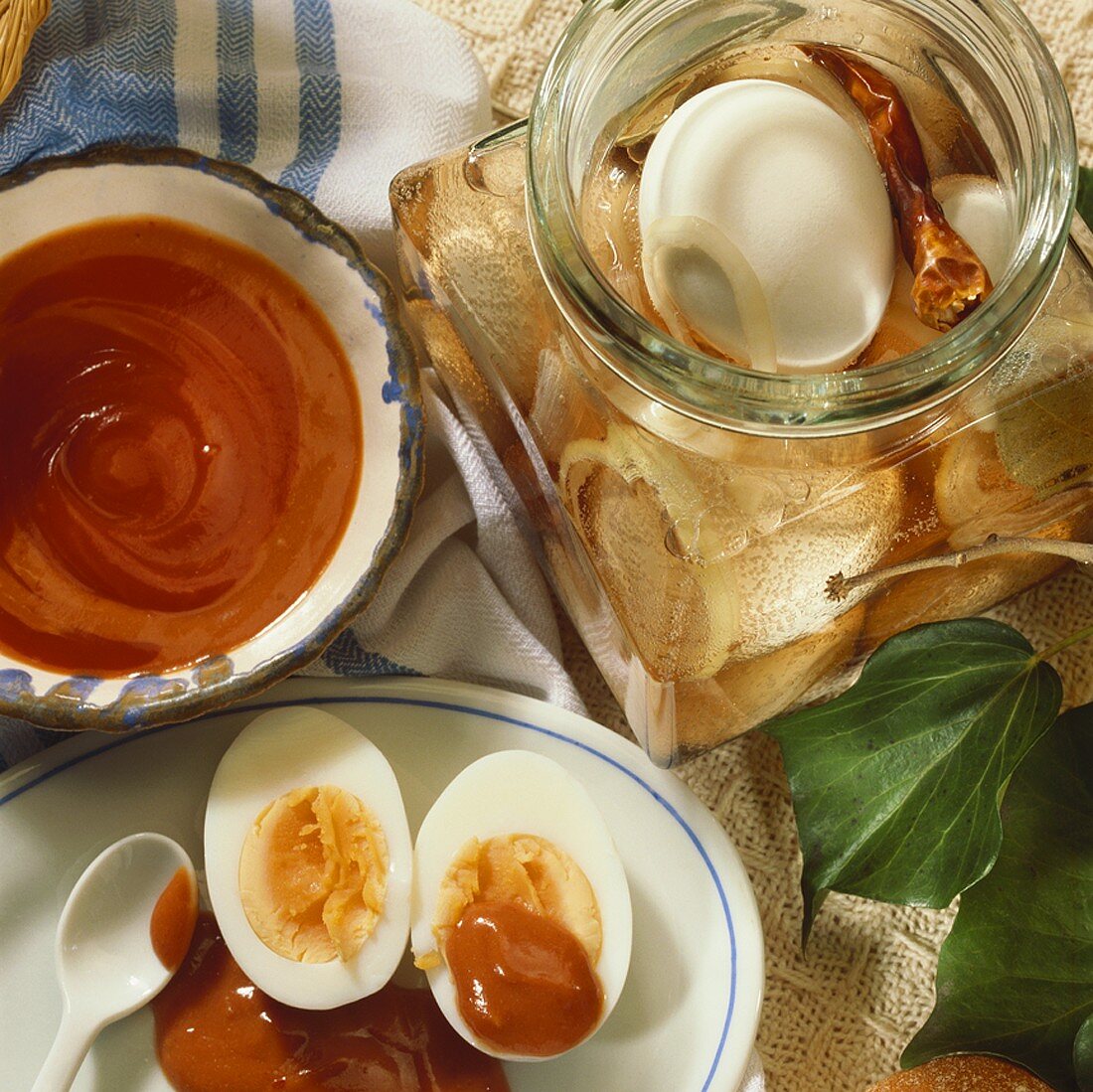 Spicy pickled eggs with spicy sauce