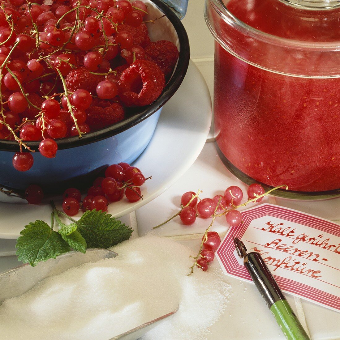 No-cook raspberry and redcurrant jam