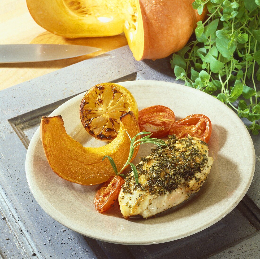 Chicken breast with herb crust and baked pumpkin