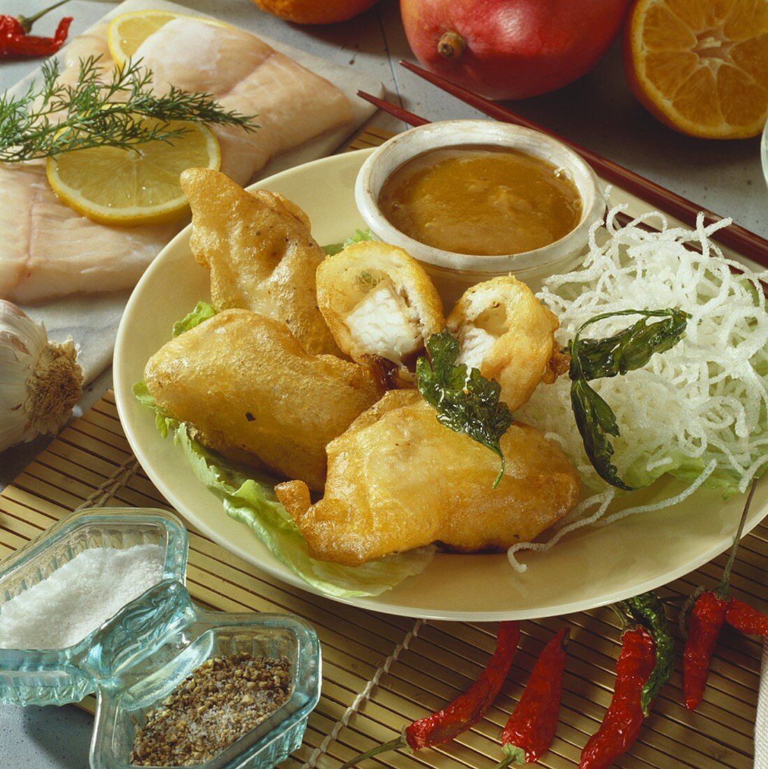 Fish in batter and deep-fried glass noodles