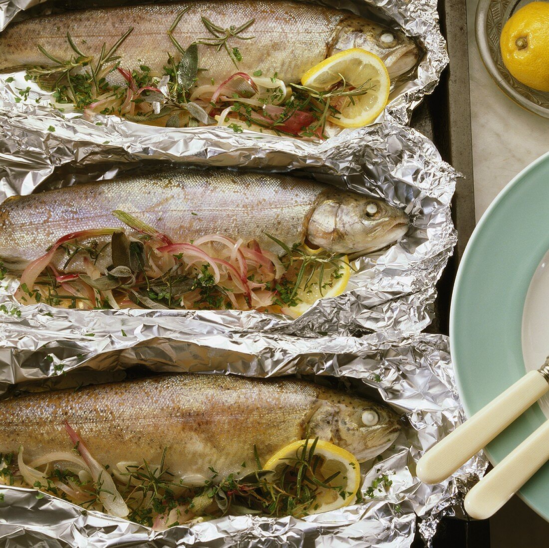 Trout with herbs and red onions, baked in foil