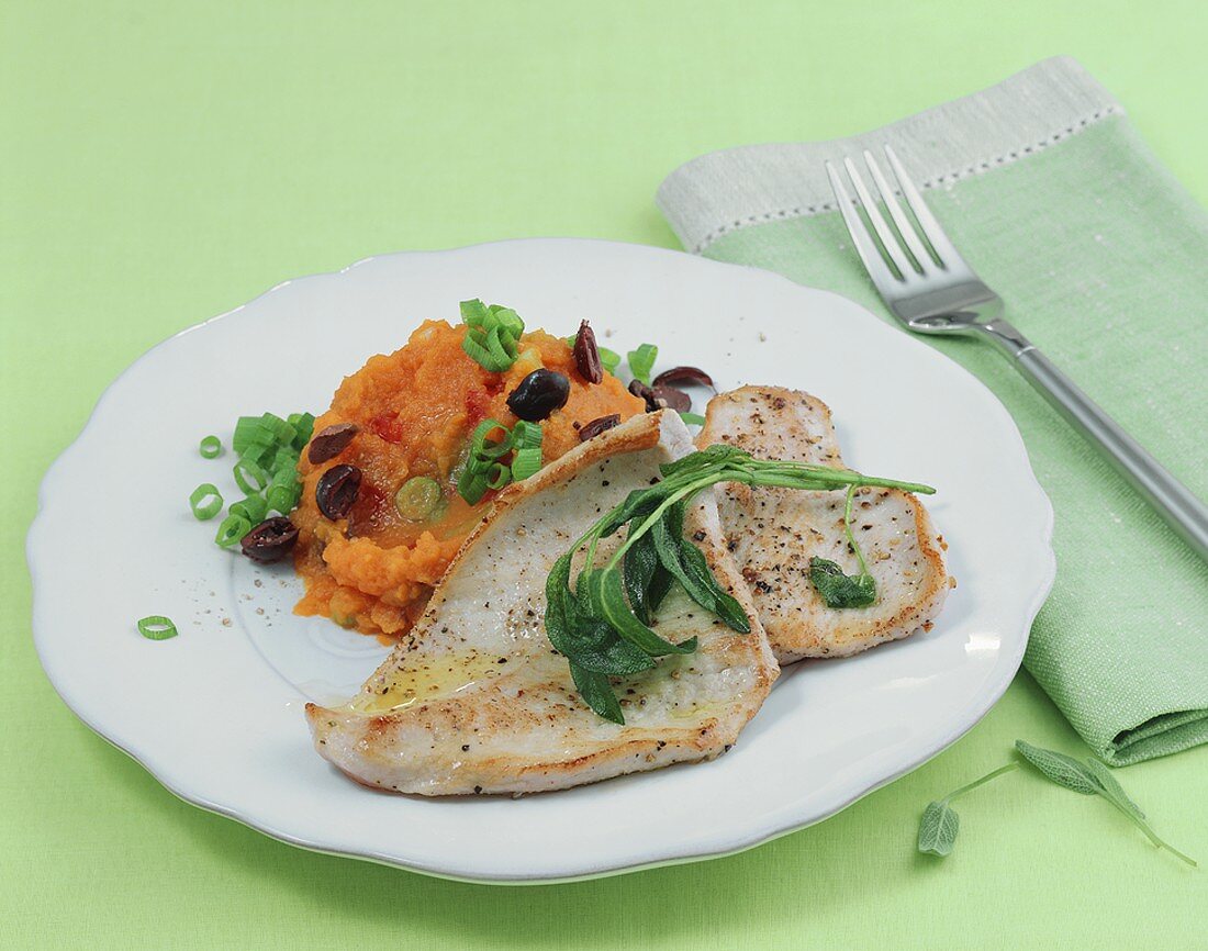 Escalopes with sage and carrot puree