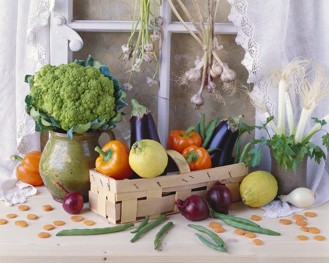 Broccoli, aubergines, spring onions etc. (decorative arrangement)