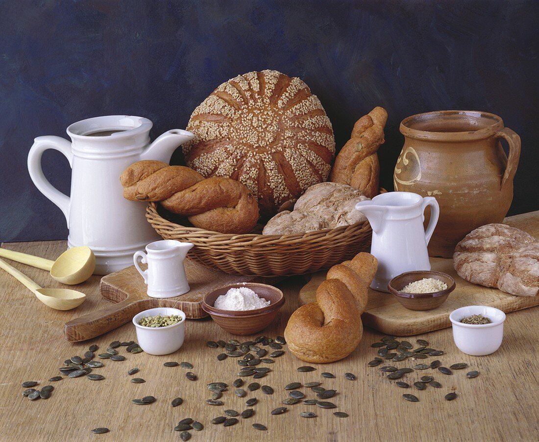 Still life with baked goods and ingredients