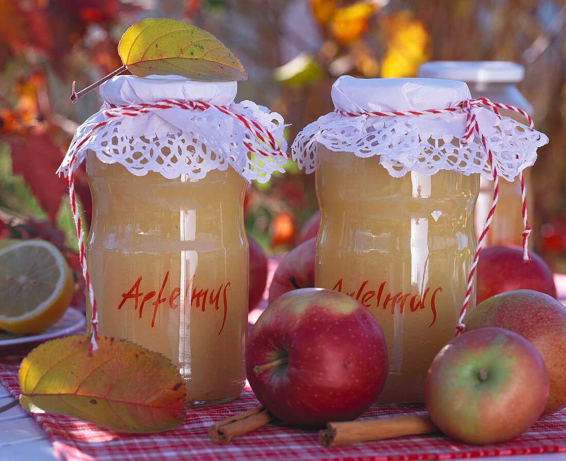 Apfelmus in Gläsern, Äpfel, Herbstlaub und Zimtstangen
