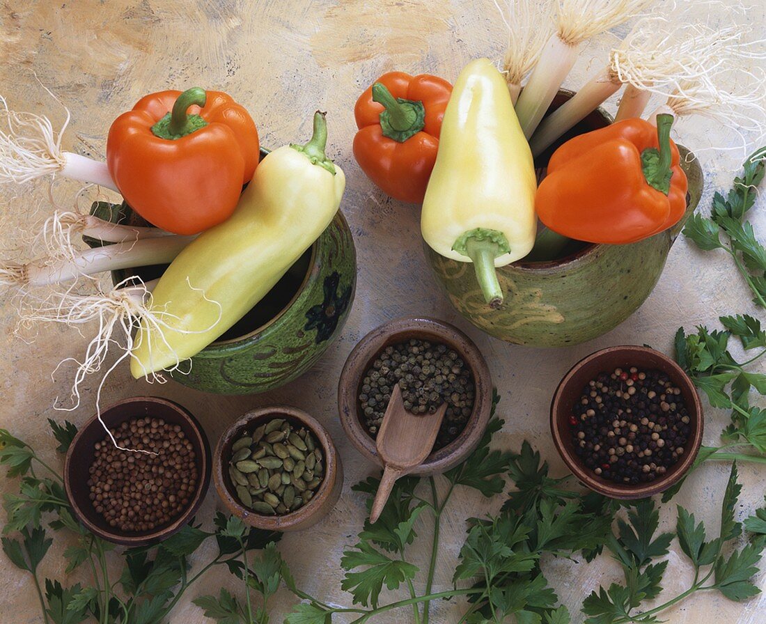 Peppers, spring onions, spices and parsley